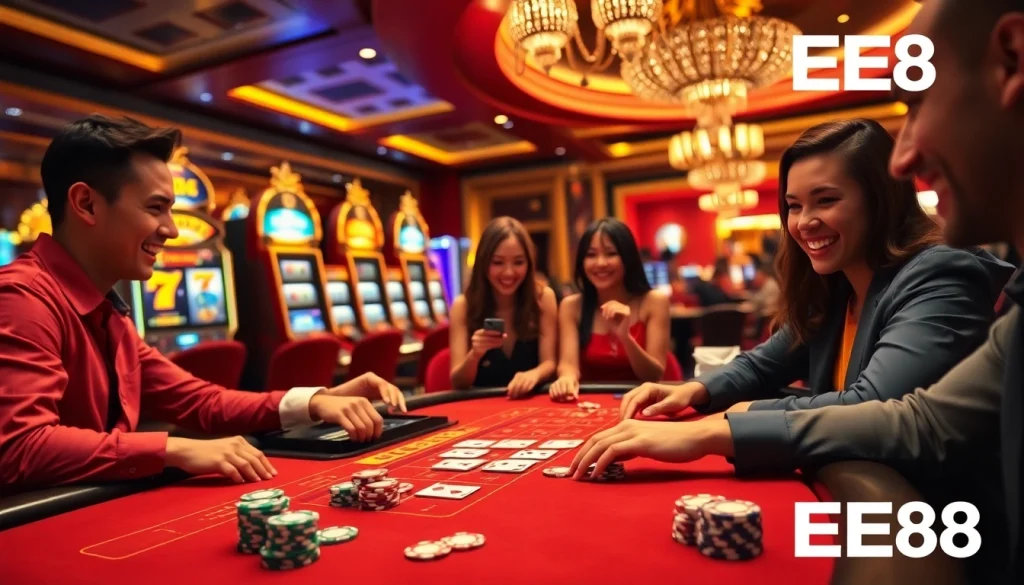 Players enjoying a thrilling game night at EE88 casino with vibrant slot machines and poker tables.