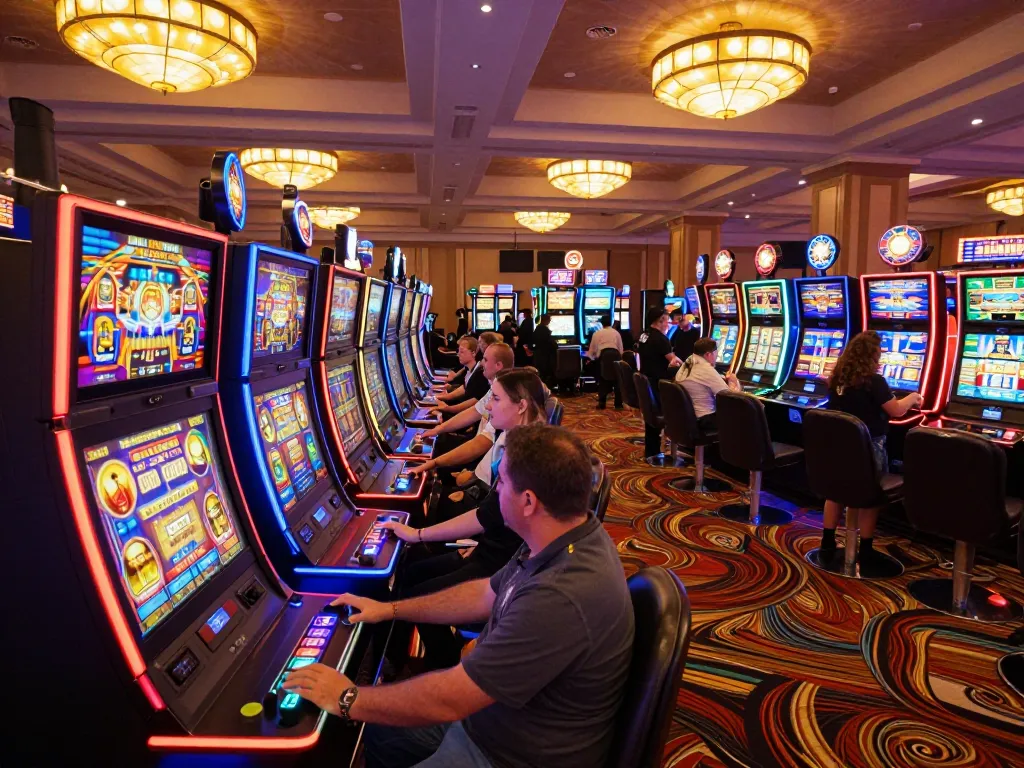 Players enjoying exciting สล็อต experiences at a vibrant casino floor with colorful machines