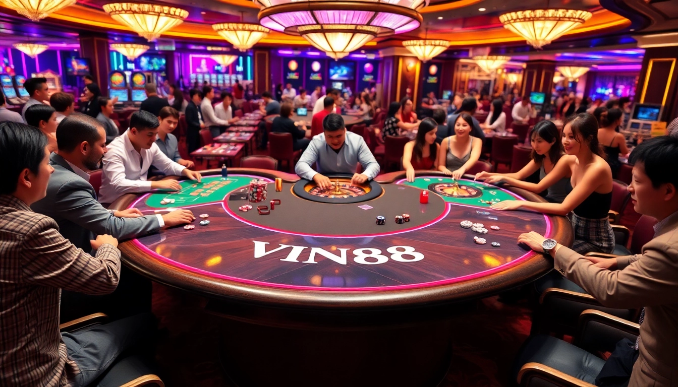 Experience the thrill of VIN88 at a luxurious casino table with excited players and vibrant atmosphere.
