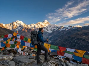 Annapurna Circuit Trek traveler at Thorong La Pass, showcasing breathtaking Himalayan views and vibrant prayer flags.