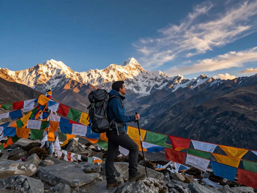 Annapurna Circuit Trek traveler at Thorong La Pass, showcasing breathtaking Himalayan views and vibrant prayer flags.