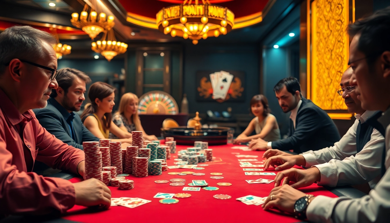 Poker players engage in an intense game at https://nohudoithuong.us/, surrounded by colorful chips and cards.