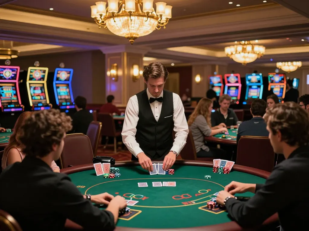 Iwin players participating at vibrant poker tables in a bustling casino, showcasing intense gameplay.