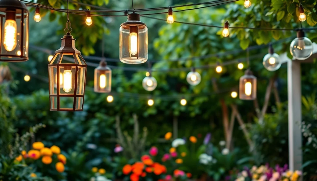 Tuinverlichting in een serene tuinomgeving met sfeervolle LED-lampen en groene decoratie.