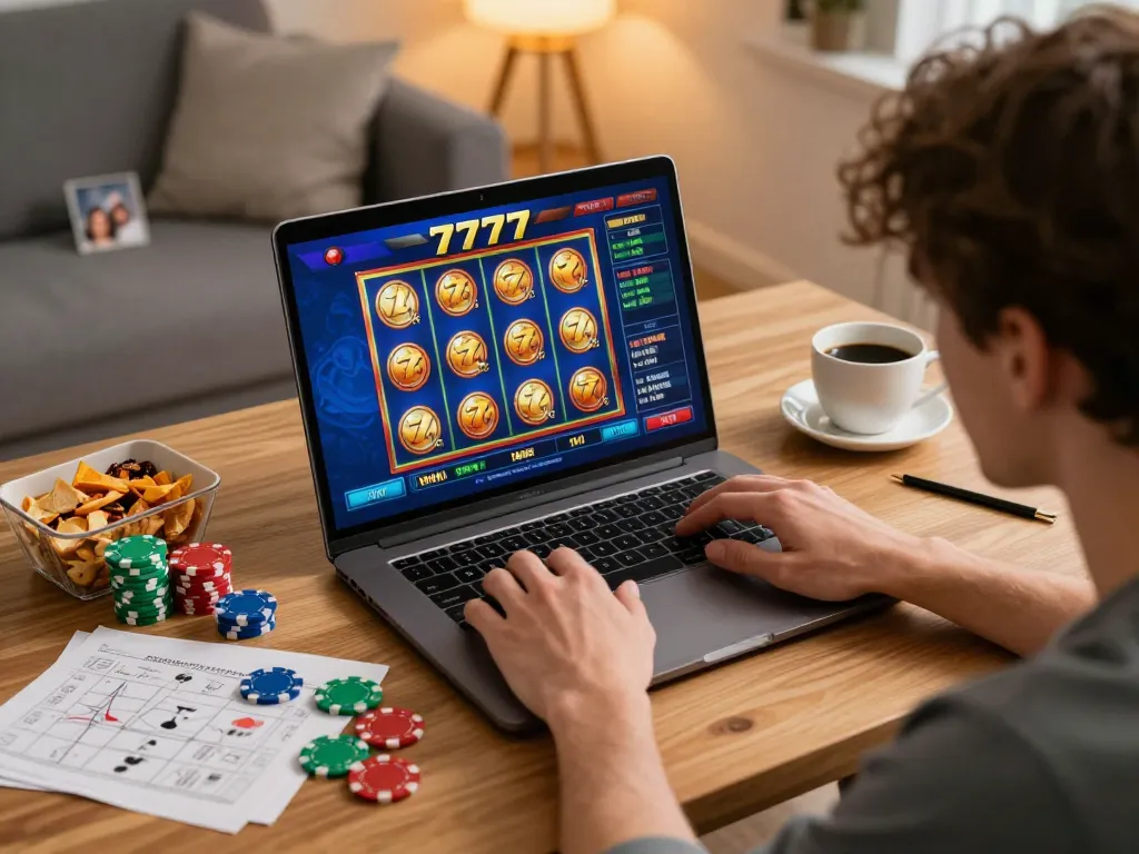 Engaging in a slot777 game on a laptop with poker chips and snacks around.
