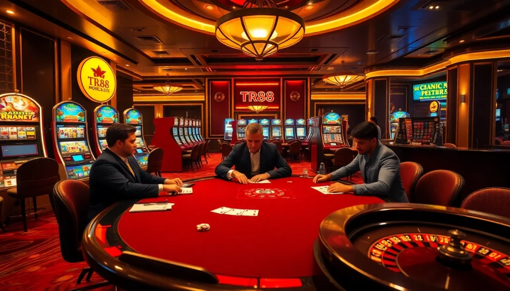 Players engaging in poker at TR88 with vibrant casino elements surrounding them.