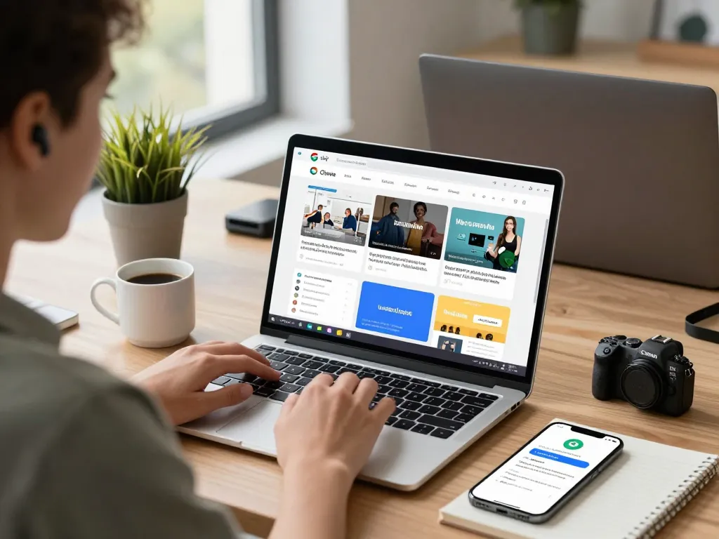 使用谷歌浏览器浏览网页，展示现代工作空间，打开多个标签，突显生产力和数字连接。