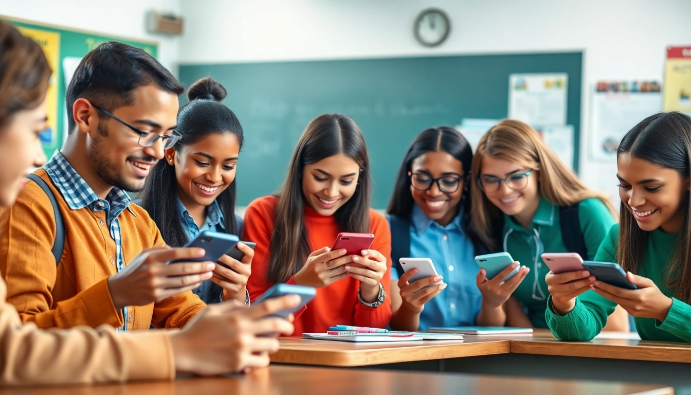 Empowered students using a smartphone solution in school life while collaborating in a lively classroom.
