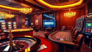 Experience RR99 excitement with a vibrant casino scene featuring roulette, poker tables, and slots.