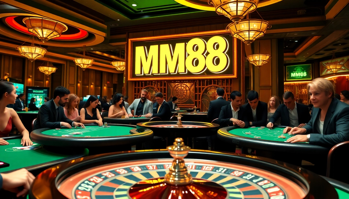 A bustling MM88 casino scene with players enjoying games at vibrant tables, highlighting excitement and strategy.