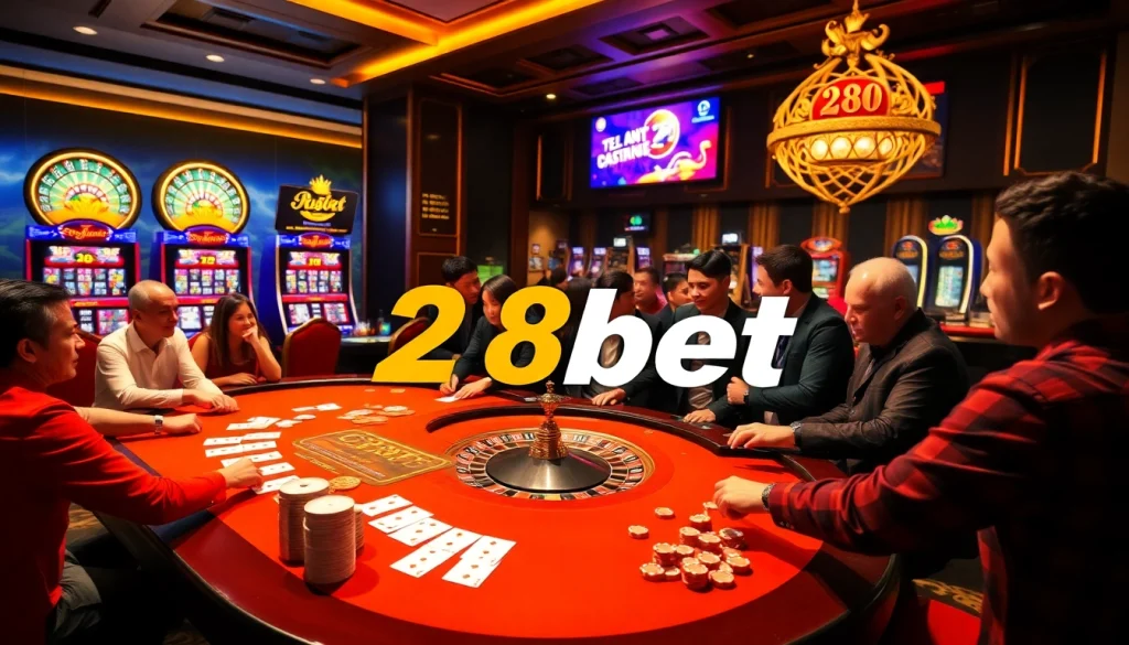 Experience thrilling gaming action at 28bet with live casino tables and vibrant slot machines.