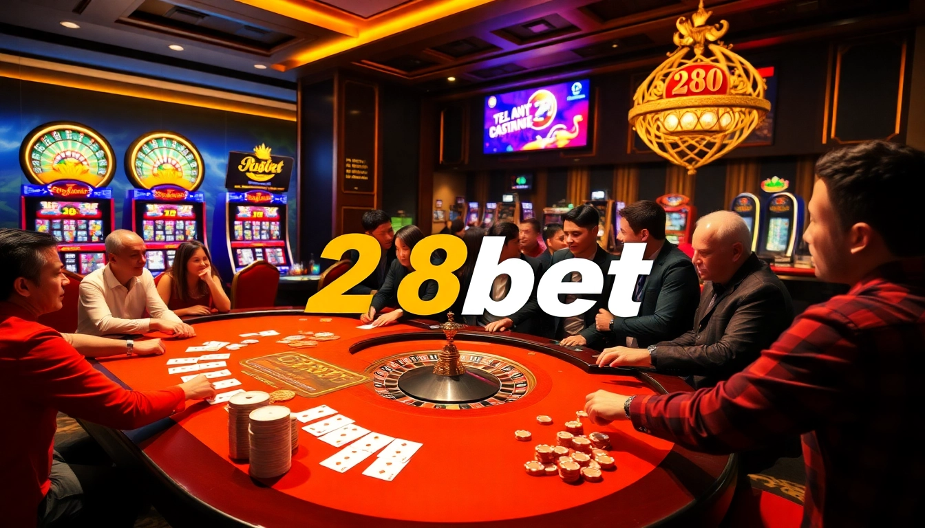 Experience thrilling gaming action at 28bet with live casino tables and vibrant slot machines.