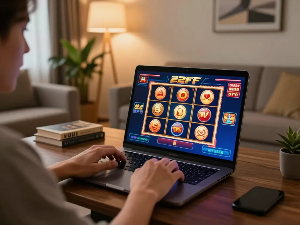 Player engaged in 22ff online slots, showcasing immersive gaming experience on a laptop.