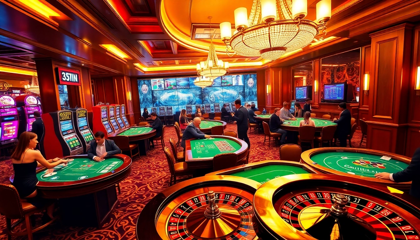 Exciting gambling experience at 33win with players enjoying blackjack and roulette in a luxurious casino setting.