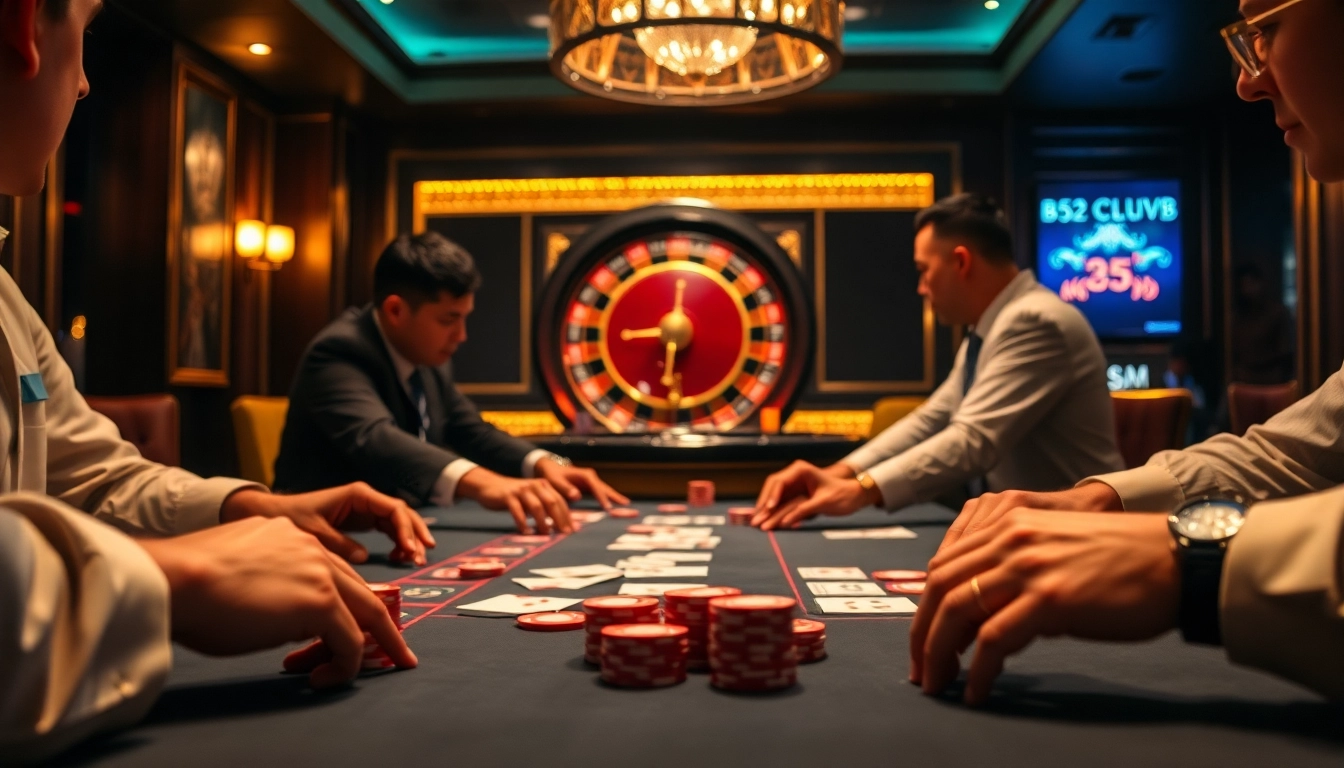 B52 CLUB poker table gameplay with chips and cards in a luxurious casino atmosphere.