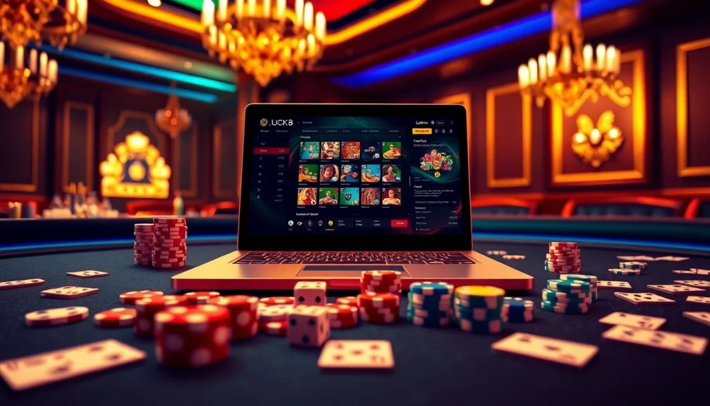 LUCK8 online casino interface surrounded by poker chips and dice, showcasing premium gambling excitement.