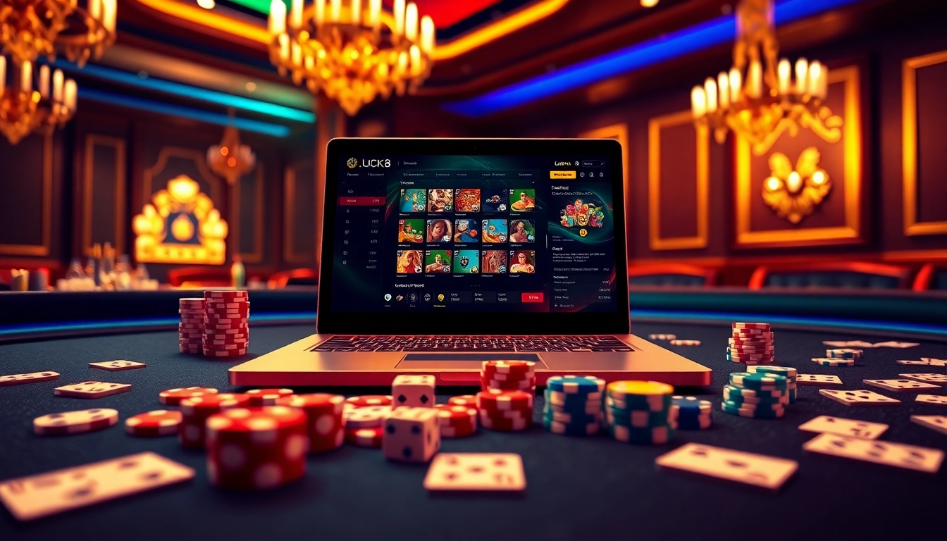 LUCK8 online casino interface surrounded by poker chips and dice, showcasing premium gambling excitement.