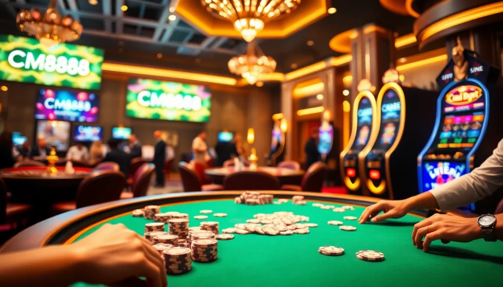 Action-packed poker game featuring CM8888-themed digital screens in a luxurious casino setting.