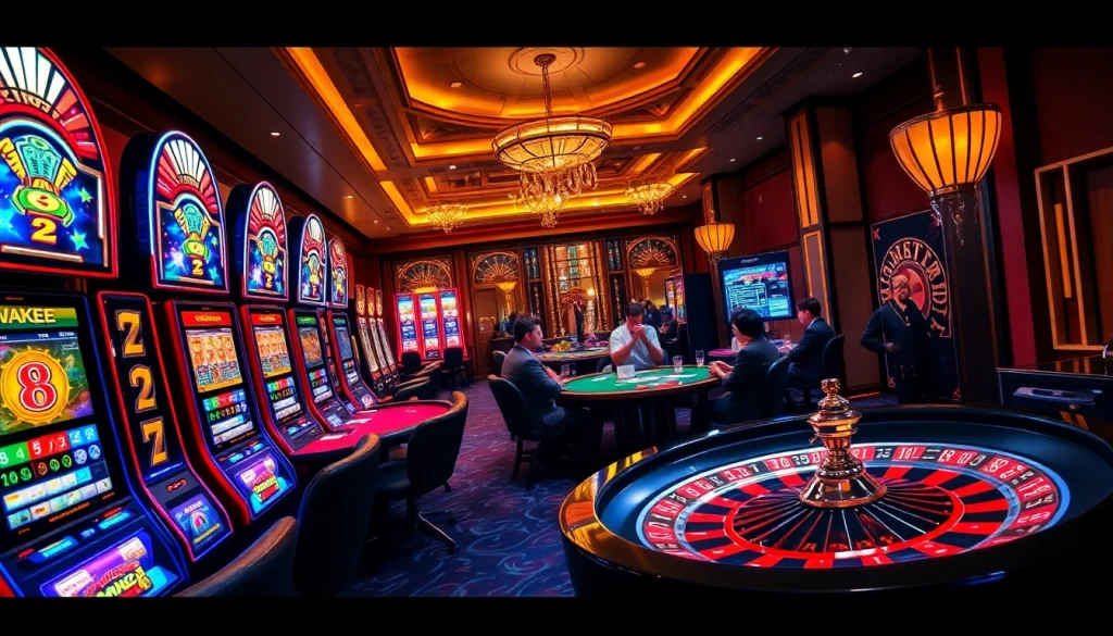 Players enjoying thrilling games at Nhà cái F168 casino, showcasing vibrant slot machines and poker excitement.