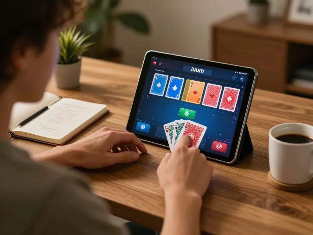 Player engaging in strategic poker using dn88 app on tablet in a cozy home setting.