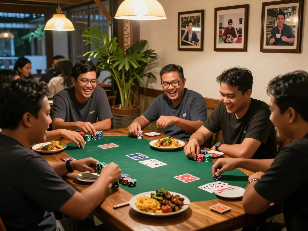 Exciting poker game night at Pokerseri restaurant with friends enjoying delicious food and laughter.