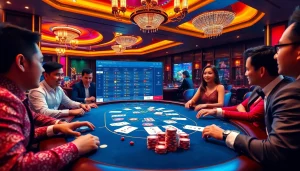 Pengalaman permainan Togelsumo dengan meja kasino yang berwarna-warni, dekorasi mewah, dan para pemain menikmati permainan yang mendebarkan