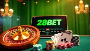 Engage in thrilling casino games with 28BET's vibrant online interface featuring a luxury roulette wheel.