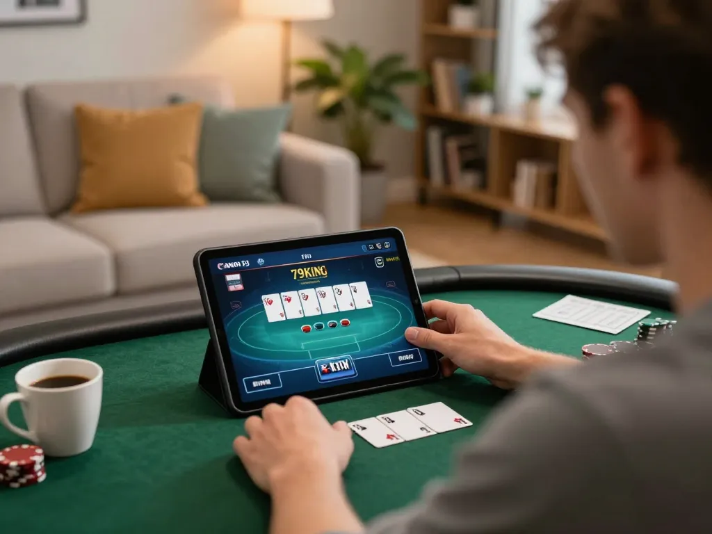 Engaging 79king online poker scene with player at home focusing on tablet, relaxing atmosphere.