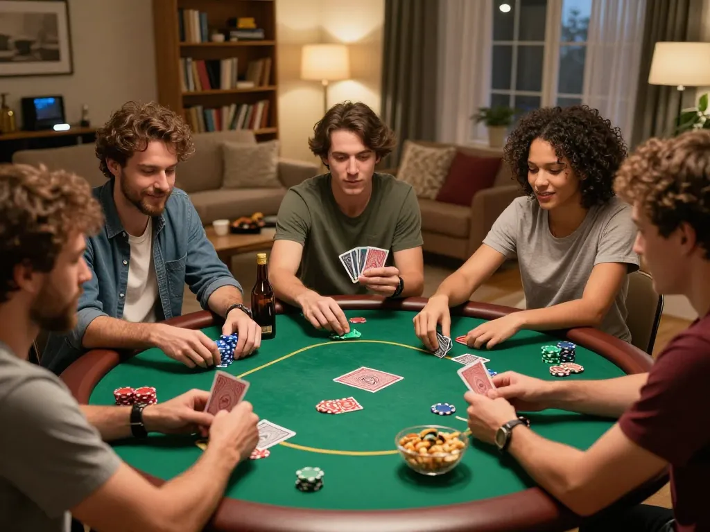 Players engaging in a lively game night at home with MAX88 poker cards and chips stacked.