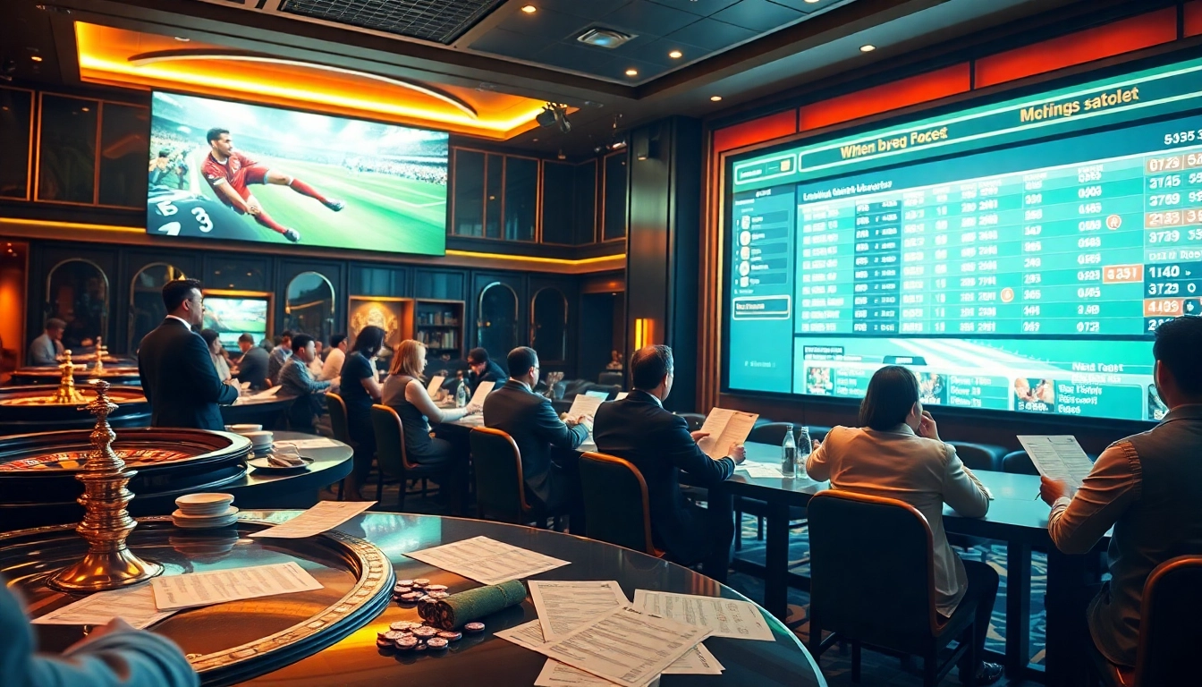 Bettors engaging with kèo bóng đá at a vibrant sportsbook, highlighting excitement in betting.
