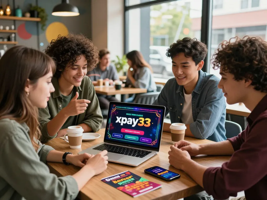 Eager friends collaborating on xpay33 promotion details at a coffee shop, showcasing excitement for online casino bonuses.