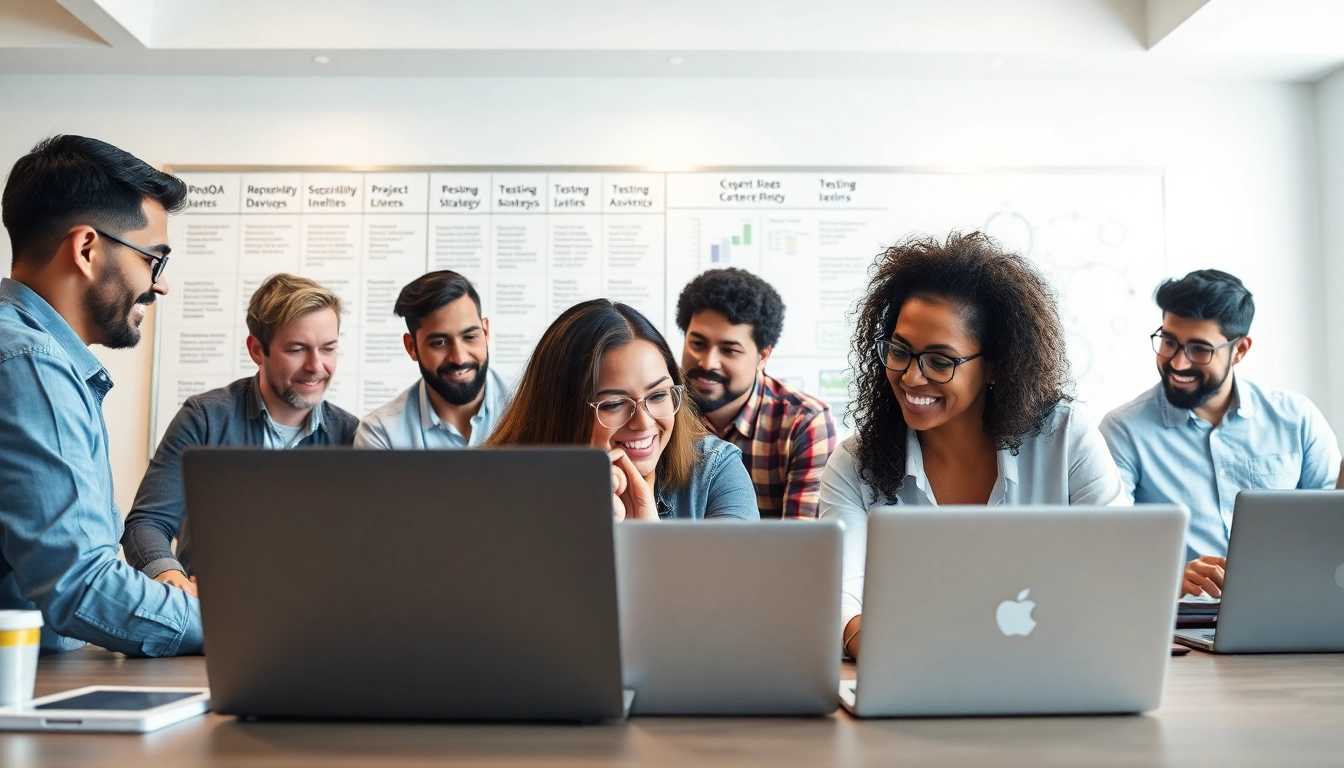 Team collaborating on remote quality assurance jobs, showcasing diverse QA professionals in a bright office.