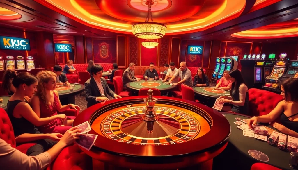 KJC casino scene with players engaging at roulette and poker tables, showcasing excitement and luxury.