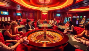 KJC casino scene with players engaging at roulette and poker tables, showcasing excitement and luxury.