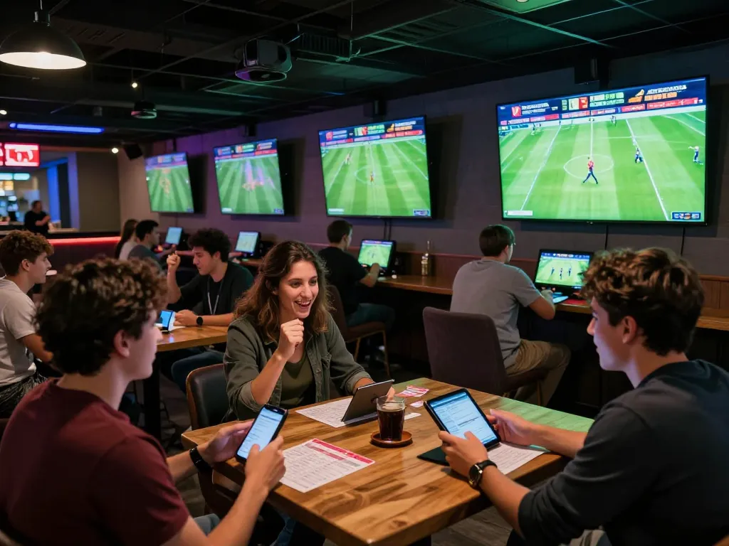 Sports betting excitement at https://nddo.org with fans placing bets on live matches in a vibrant atmosphere.