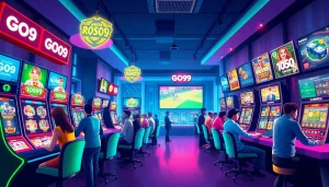 Exciting GO99 online gaming illustration showcasing players at digital casino and sports betting environments.