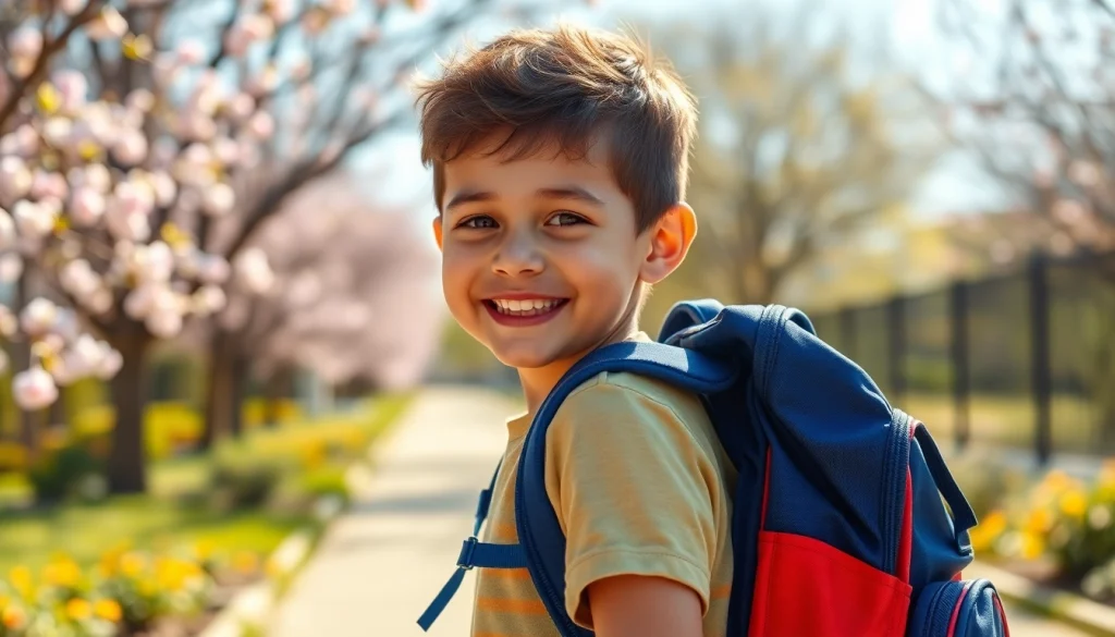 2026年に最適な男の子向けランドセルを見つける。学校へ向かう途中、スタイリッシュなランドセルを背負う少年の姿を描く。