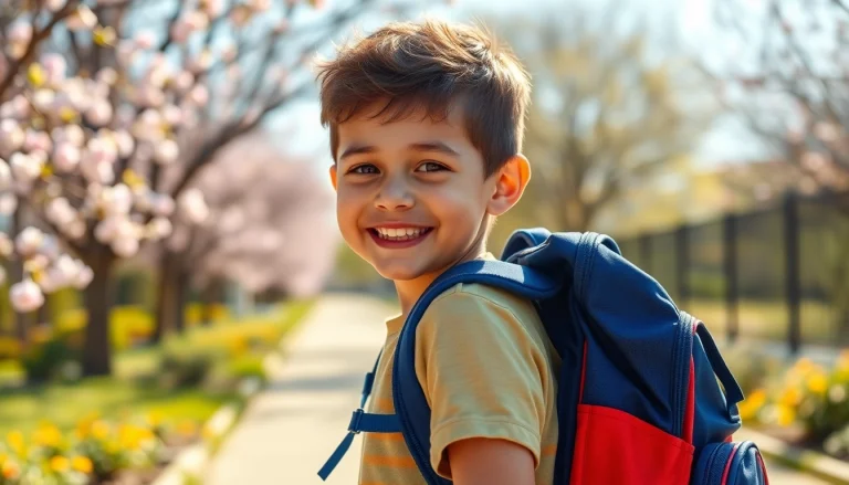 2026年に最適な男の子向けランドセルを見つける。学校へ向かう途中、スタイリッシュなランドセルを背負う少年の姿を描く。