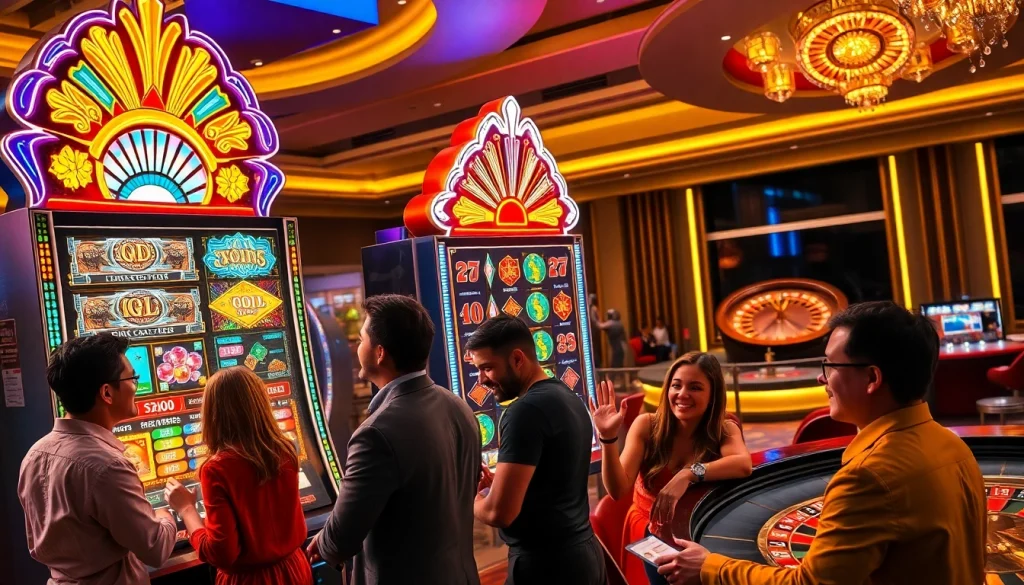 Pemain MABAR88 Online merayakan kemenangan besar di mesin slot mewah dalam suasana kasino yang hidup.