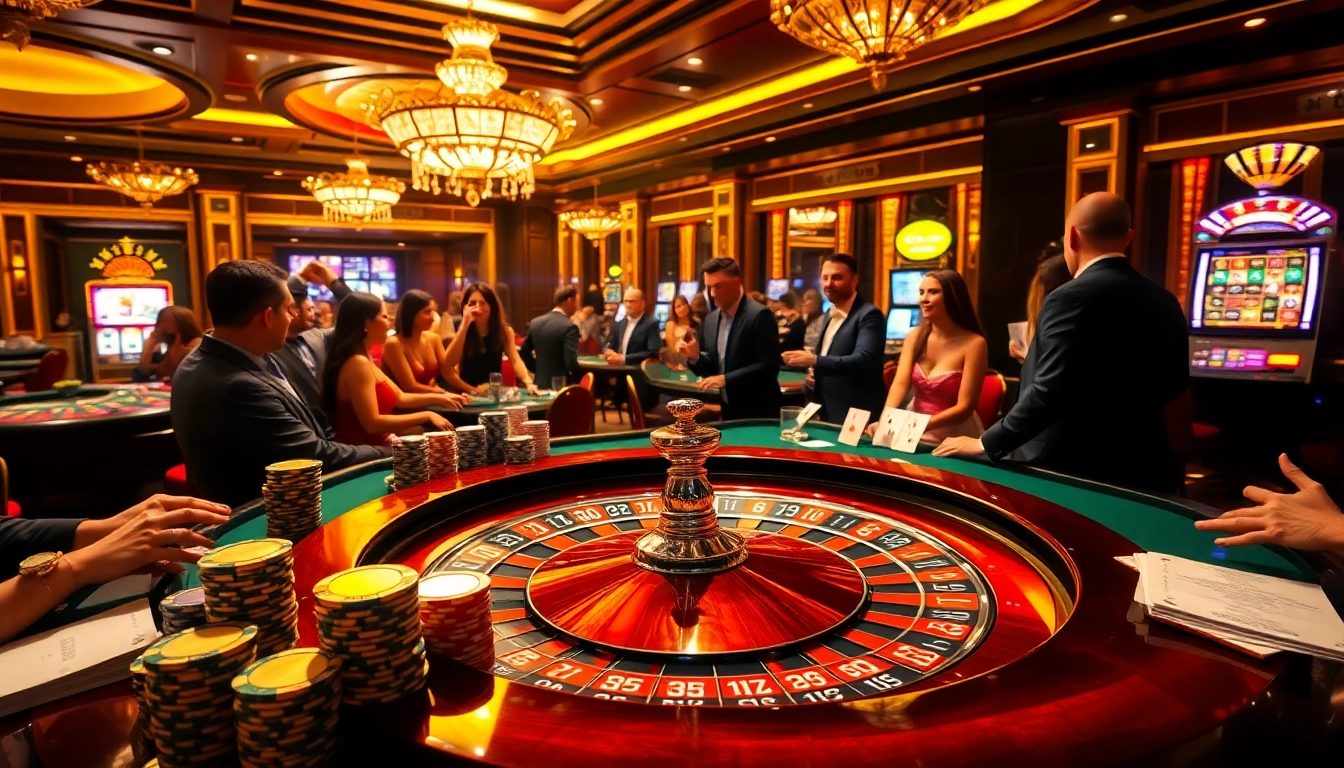 Experience the excitement at a luxurious casino with rebahin-themed gambling elements, showcasing vibrant games and enthusiastic players.