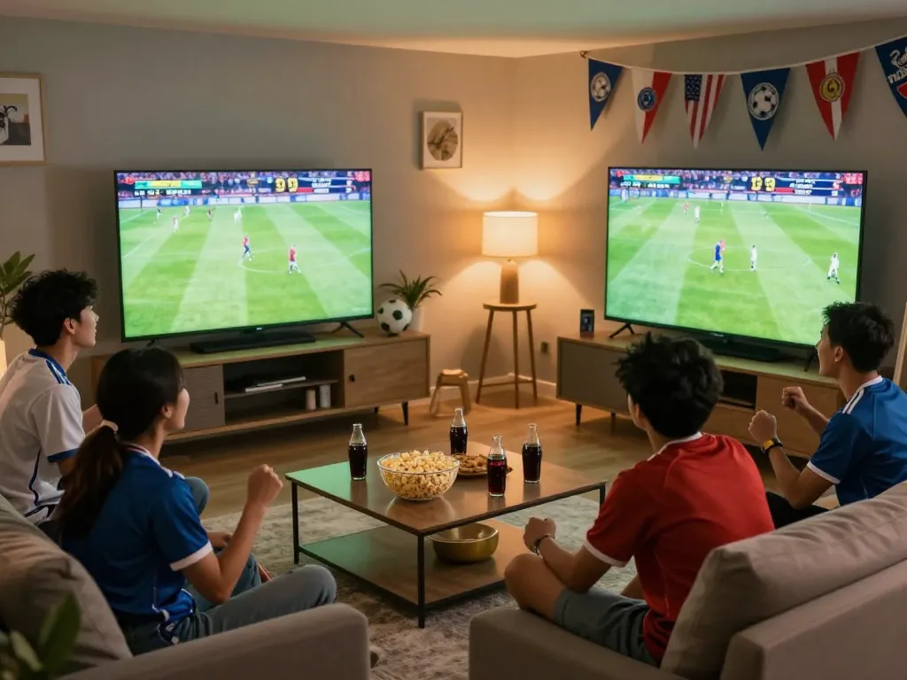Exciting live soccer match view on https://cakhiatv.uk.com with friends cheering in a cozy living room.