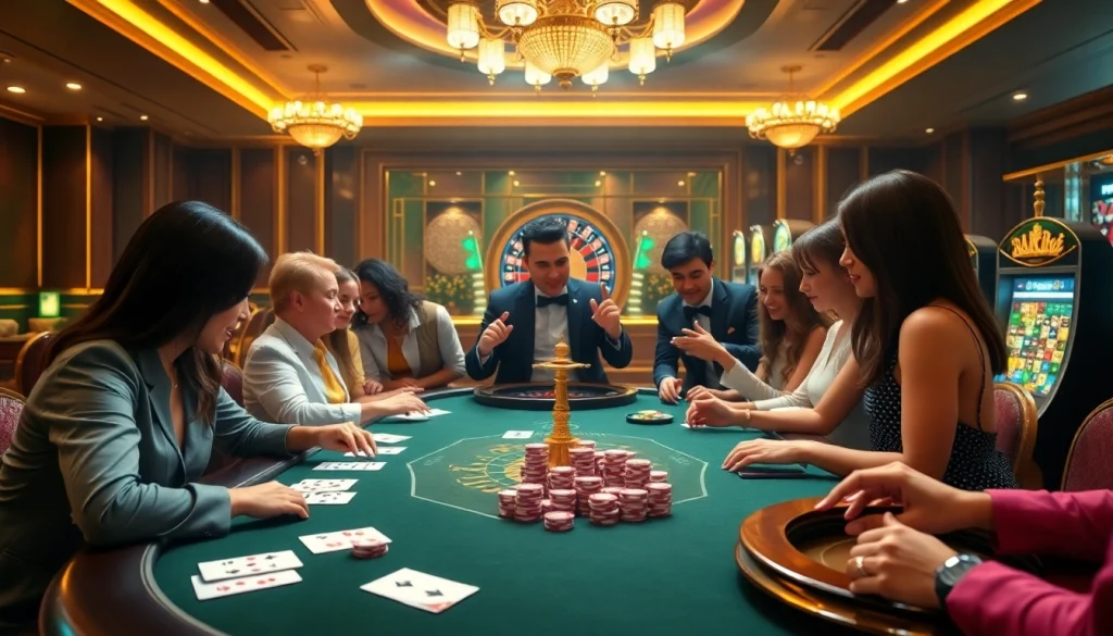 A vibrant casino setup showcasing the nohu90 online gambling experience with excited players at the poker table.