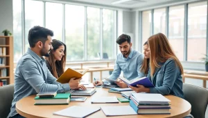 Students collaborating on exam preparation with textbooks and notes.