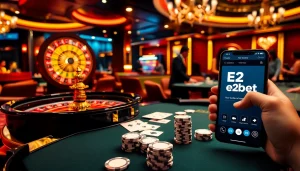 An exciting gambling scene at E2bet casino showcasing a roulette wheel and poker table.