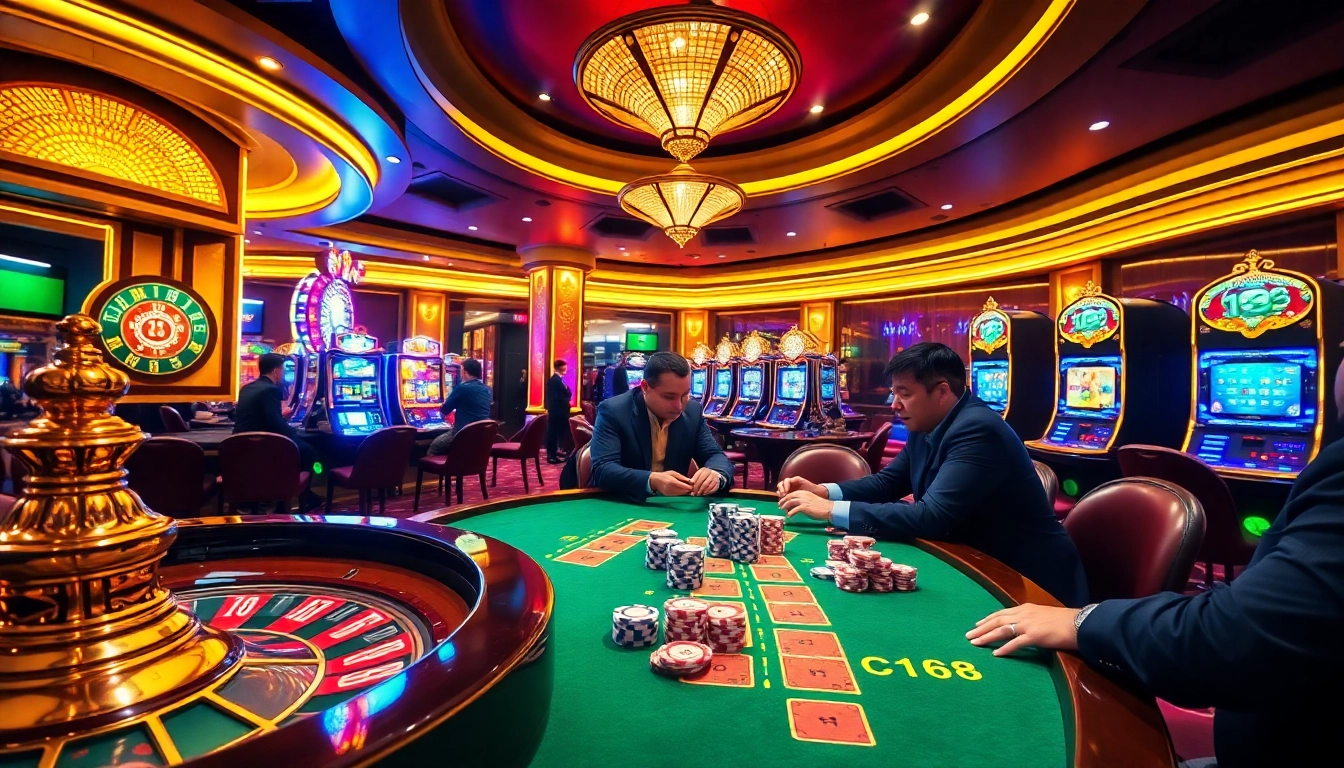 C168 casino scene featuring vibrant slot machines and poker tables with players enjoying the thrill of gaming.