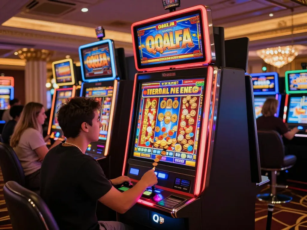 Player winning on a QQALFA slot machine, colorful lights display excitement in a vibrant casino.