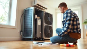 Inspecting residential heating and cooling system with technician in bright home setting.