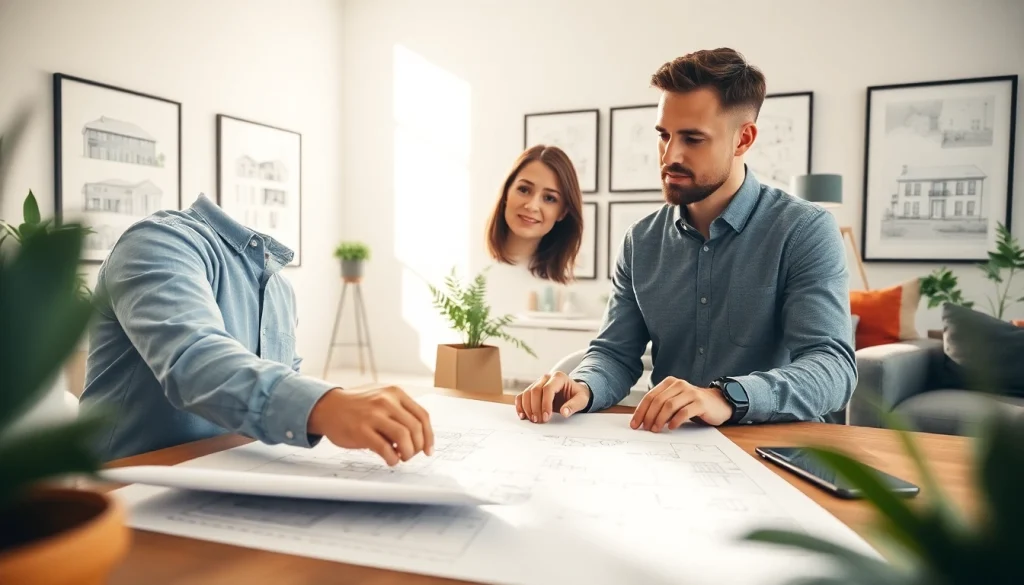 Contact residential architect Boston assisting a homeowner with design plans in a bright office.