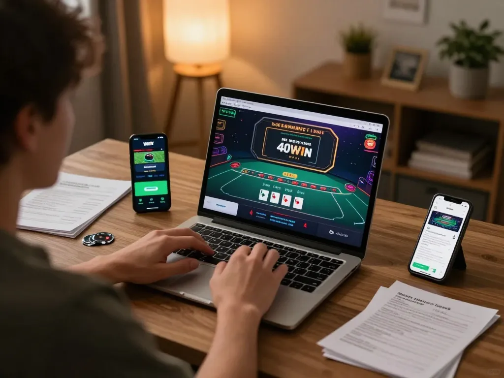 40WIN user engaging in live dealer blackjack on laptop at cozy home office, showcasing online gaming.