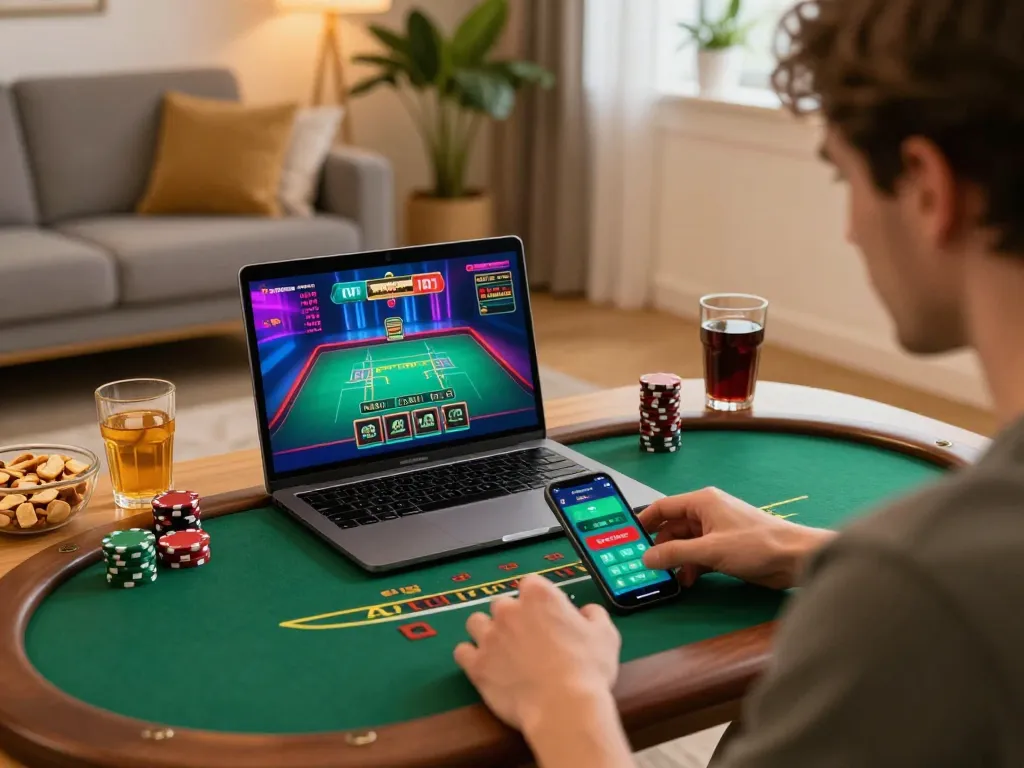 Engaging in strategic gameplay on hidden wiki online blackjack table with cozy home setting.